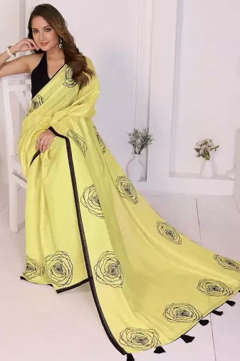 Yellow linen printed saree with blouse
