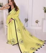 Yellow linen printed saree with blouse