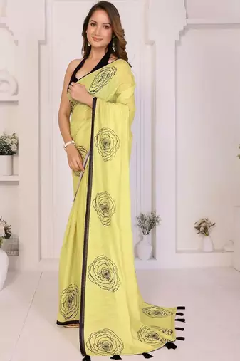 Yellow linen printed saree with blouse
