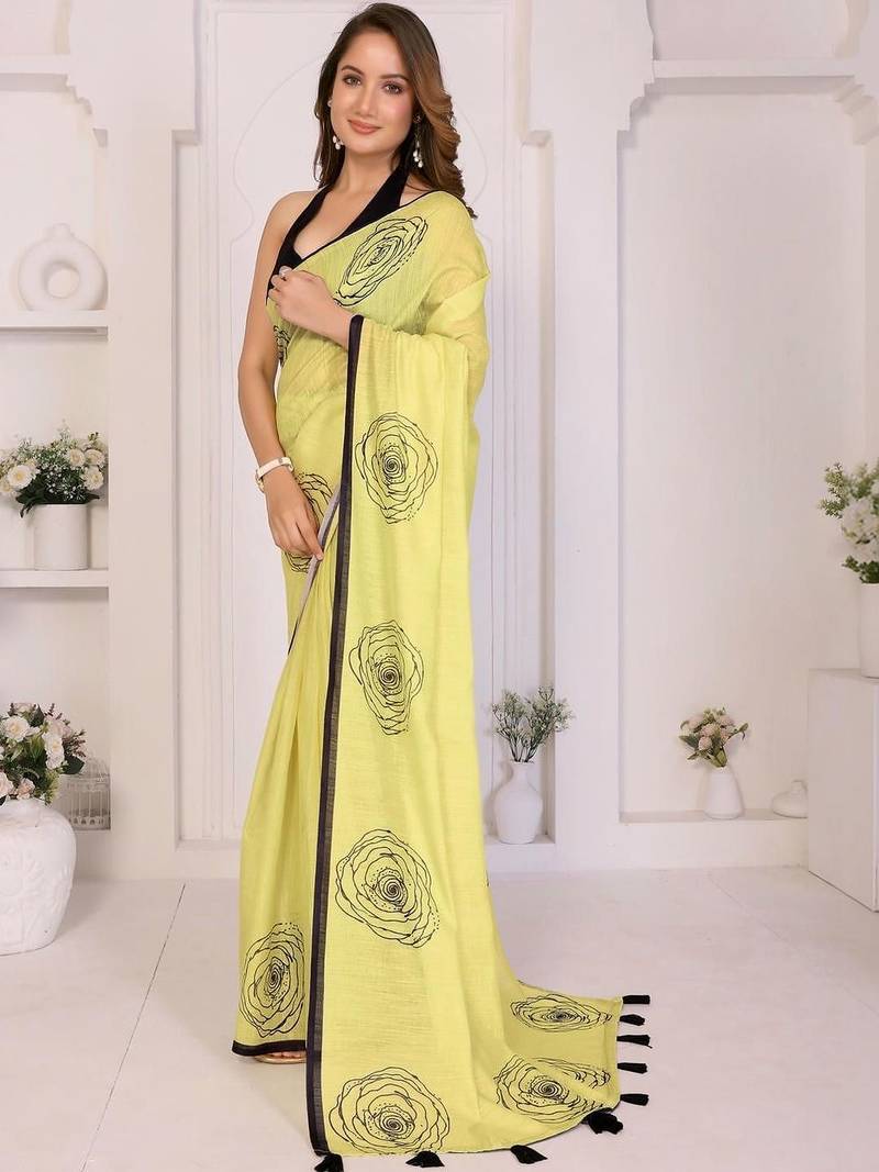 Yellow linen printed saree with blouse