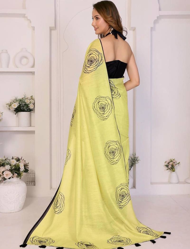 Yellow linen printed saree with blouse