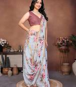 Blue linen printed saree with blouse