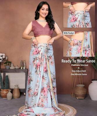 Blue linen printed saree with blouse 2