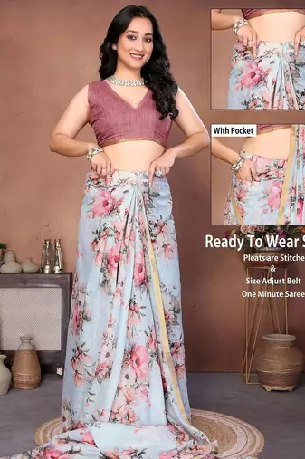 Blue linen printed saree with blouse