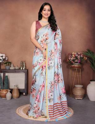 Blue linen printed saree with blouse 3