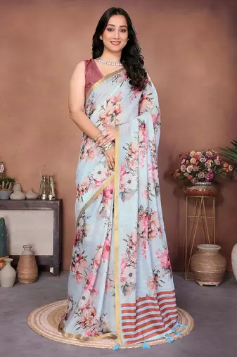 Blue linen printed saree with blouse