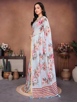 Blue linen printed saree with blouse 4