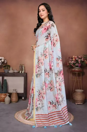 Blue linen printed saree with blouse