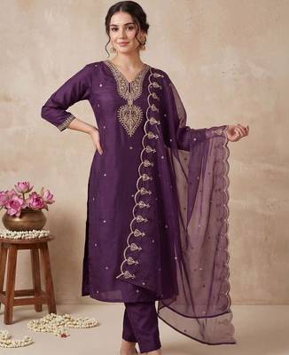 Women Ethnic Motifs Embroidered Regular Thread Work Kurta with Trousers & With Dupatta 1