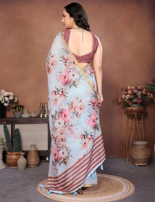 Blue linen printed saree with blouse 5