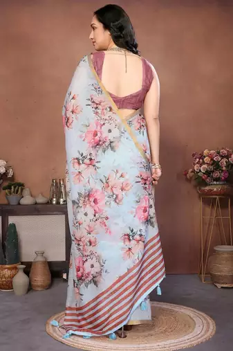 Blue linen printed saree with blouse