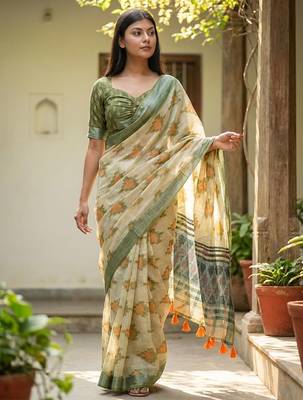 Green blended cotton printed saree with blouse 1