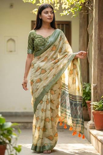 Green blended cotton printed saree with blouse