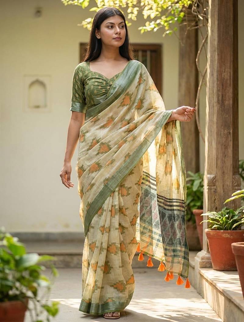 Green blended cotton printed saree with blouse