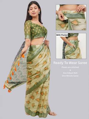 Green blended cotton printed saree with blouse 2