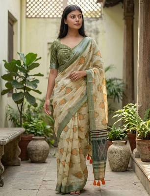 Green blended cotton printed saree with blouse 3
