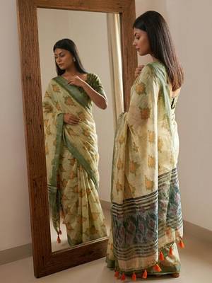 Green blended cotton printed saree with blouse 4