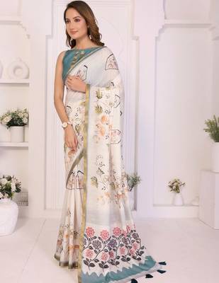 Off white linen printed saree with blouse 3