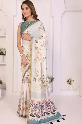 Off white linen printed saree with blouse