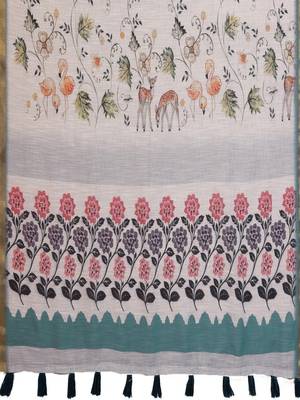 Off white linen printed saree with blouse 4