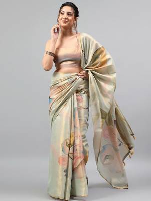 Sea green tissue printed saree with blouse 1
