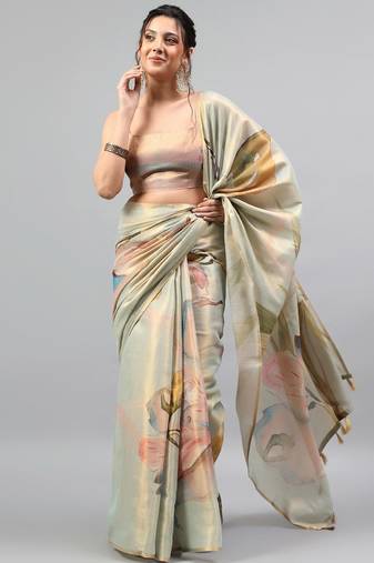 Sea green tissue printed saree with blouse
