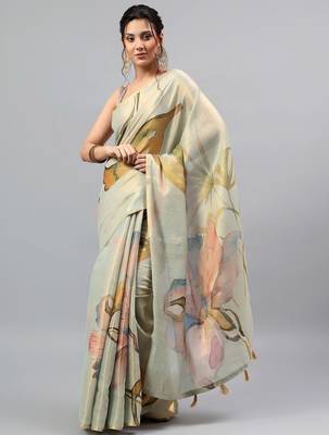 Sea green tissue printed saree with blouse 2
