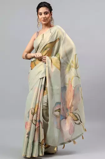 Sea green tissue printed saree with blouse