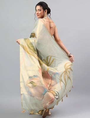 Sea green tissue printed saree with blouse 3
