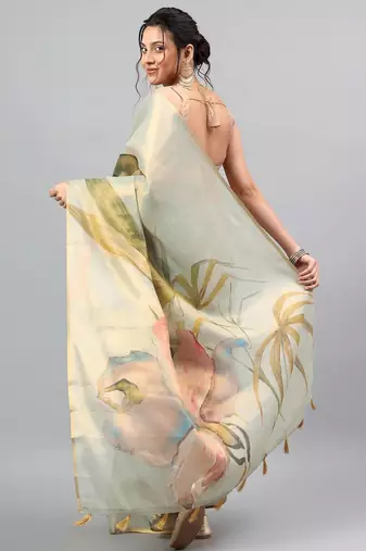 Sea green tissue printed saree with blouse