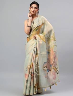 Sea green tissue printed saree with blouse 4