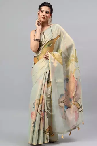 Sea green tissue printed saree with blouse