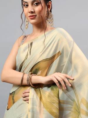 Sea green tissue printed saree with blouse 5