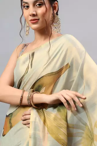 Sea green tissue printed saree with blouse