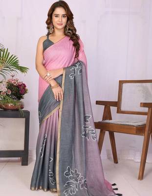 Pink linen printed saree with blouse 1