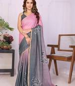 Pink linen printed saree with blouse