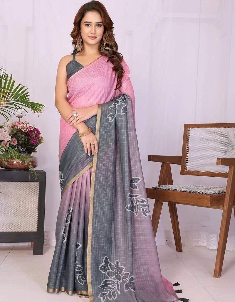 Pink linen printed saree with blouse