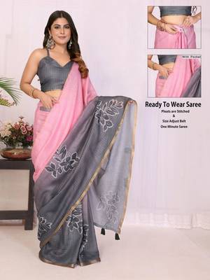 Pink linen printed saree with blouse 3