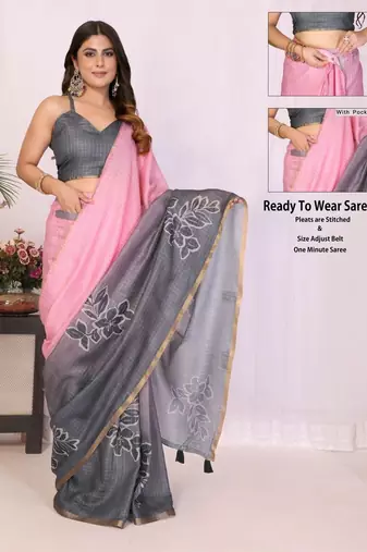 Pink linen printed saree with blouse