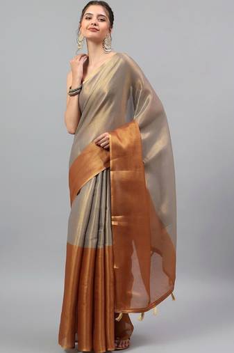 Grey polyester solid saree with blouse
