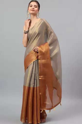 Grey polyester solid saree with blouse