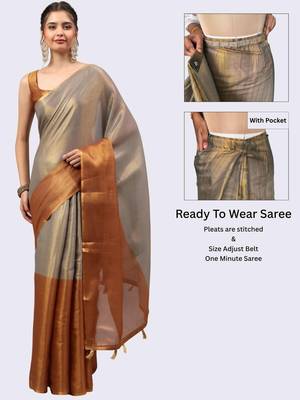 Grey polyester solid saree with blouse 2