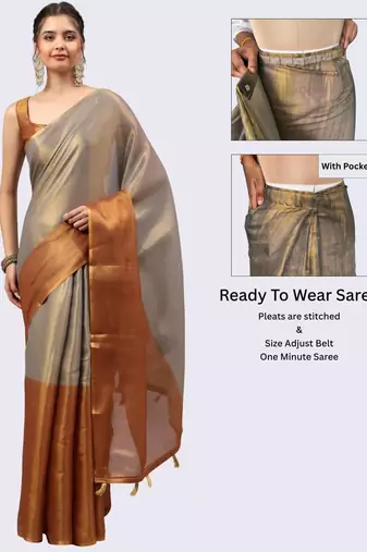 Grey polyester solid saree with blouse
