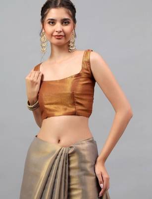 Grey polyester solid saree with blouse 5