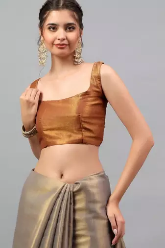 Grey polyester solid saree with blouse