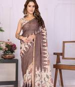 Brown linen printed saree with blouse