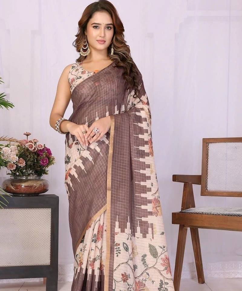 Brown linen printed saree with blouse