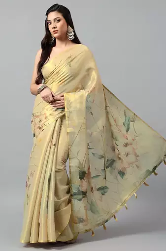 Gold tissue printed saree with blouse