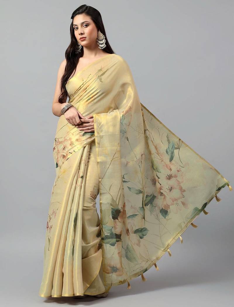 Gold tissue printed saree with blouse