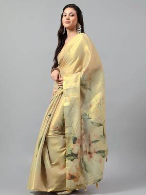 Gold tissue printed saree with blouse 2